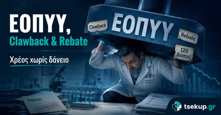 Μικροβιολόγος προσπαθεί να κρατήσει μεγάλο βάρος με την ένδειξη ΕΟΠΥΥ, Clawback και Rebate, συμβολίζοντας το οικονομικό βάρος στα μικροβιολογικά εργαστήρια.