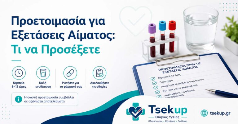 Προετοιμασία για εξετάσεις αίματος με σωληνάρια αίματος, νερό, λίστα οδηγιών, νηστεία και φάρμακα
