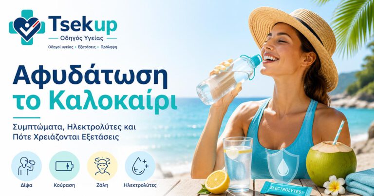 Αφυδάτωση το καλοκαίρι με χαρούμενη καλοκαιρινή εικόνα και αναφορά σε συμπτώματα, ηλεκτρολύτες και πότε χρειάζονται εξετάσεις