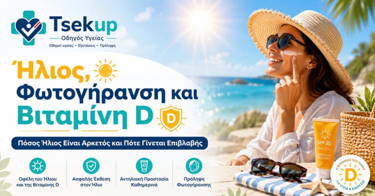 Ήλιος, φωτογήρανση και βιταμίνη D με καλοκαιρινή εικόνα παραλίας και συμβουλές για ασφαλή έκθεση στον ήλιο